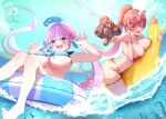  2girls :d absurdres ahoge banana_boat barefoot bikini blue_bikini blue_hat blue_sky blue_streaks blunt_bangs blush braid breasts commentary_request crossed_bangs day double-parted_bangs dyed_ahoge earrings eyewear_on_head fanged_bangs front-tie_bikini_top front-tie_top hair_between_eyes half_up_braid halterneck hat heart heart-shaped_eyewear heterochromia highres hinoki_kahun0 holding holding_water_gun hololive houshou_marine houshou_marine_(summer) jewelry large_breasts long_hair looking_at_viewer minato_aqua multicolored_hair multiple_girls navel necklace o-ring o-ring_thigh_strap ocean official_alternate_costume official_alternate_hairstyle on_innertube open_mouth outdoors outstretched_arm partially_underwater_shot pink_hair ponytail purple_eyes red_bikini red_eyes red_hair sky smile streaked_hair string_bikini sunglasses swimsuit tentacles thigh_strap toes twintails very_long_hair virtual_youtuber water water_gun wavy_mouth wet yellow_eyes 
