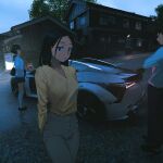 1boy 2girls arms_behind_back breasts car crossed_arms faiz_azhar forza forza_horizon_6 glasses highres house lexus lexus_lc long_sleeves looking_at_viewer motor_vehicle multiple_girls original outdoors parking_lot road school_uniform screenshot_background serafuku shirt tree twilight v-neck white_shirt yellow_shirt 