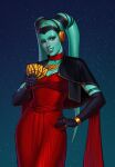  1girl absurdres alien aqua_skin birdyraider black_capelet black_gloves breasts brown_eyes capelet colored_skin dress elbow_gloves gloves highres holding jewelry lekku_(anatomy) looking_at_viewer red_dress ring small_breasts solo star_(sky) star_wars twi'lek 