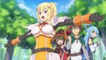  1boy 3girls aqua_(konosuba) armor black_bodysuit black_gloves blonde_hair blue_eyes blue_hair blue_shirt bodysuit braid braided_base breasts brown_cape brown_hair brown_hat cape clenched_hand closed_mouth darkness_(konosuba) detached_sleeves dress fingerless_gloves forest from_side game_asset gloves green_cape green_eyes grey_shirt hair_ornament hair_rings hand_up hat highres holding holding_staff jitome kono_subarashii_sekai_ni_shukufuku_wo! kono_subarashii_sekai_ni_shukufuku_wo!_kono_yokubukai_game_ni_shinpan_o! large_breasts long_hair long_sleeves looking_ahead looking_at_another looking_back megumin multiple_girls nature official_art open_mouth outdoors outstretched_arms ponytail ponytail_with_braided_base raised_inner_eyebrows red_dress red_eyes satou_kazuma shirt short_hair short_hair_with_long_locks single_hair_ring sleeveless sleeveless_shirt solo_focus sphere_hair_ornament spread_arms staff standing sweatdrop tree tunic upper_body v-shaped_eyebrows variant_set_available wavy_mouth white_sleeves white_tunic witch_hat x_hair_ornament yellow_armor 