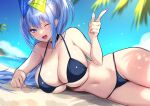  1girl :d ;d akeyama_kitsune azur_lane bikini black_choker blue_bikini blue_eyes blue_hair blush breasts choker commentary_request fingernails highres large_breasts long_fingernails long_hair lying nail_polish navel new_jersey_(azur_lane) new_jersey_(midsummer_leisure)_(azur_lane) on_side one_eye_closed open_mouth ponytail purple_nails sideboob skindentation smile solo stomach sweat swimsuit underboob 