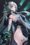  1girl absurdres animal_ears arcane_(arknights) arknights arknights:_endfield bird_ears bird_girl black_cloak black_gloves blue_eyes breasts cloak commentary cowboy_shot curtained_hair elbow_gloves eyeshadow facial_mark forehead_mark from_side gloves gradient_hair green_hair highres large_breasts leg_tattoo long_hair looking_at_viewer looking_to_the_side makeup mildt multicolored_gloves multicolored_hair red_eyeshadow ringed_eyes sideways_glance tattoo thighhighs twitter_username two-tone_gloves two-tone_hair white_hair white_thighhighs zipper 