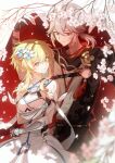  1boy 1girl absurdres arm_across_waist arm_around_shoulder arm_under_breasts arms_across_body arms_up bandaged_arm bandaged_hand bandages bare_shoulders black_gloves blonde_hair breasts cleavage closed_mouth commentary_request couple cowboy_shot detached_sleeves dress falling_petals flower genshin_impact gloves grey_hair hair_between_eyes hair_flower hair_ornament hetero highres hoxino japanese_clothes kaedehara_kazuha long_hair looking_at_another looking_back lumine_(genshin_impact) medium_breasts parted_lips partially_fingerless_gloves petals ponytail red_eyes redrawn short_hair_with_long_locks white_dress yellow_eyes 