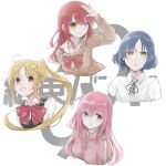  4girls ahoge black_ribbon black_sweater_vest blonde_hair blue_eyes blue_hair blush bocchi_the_rock! bow bowtie breasts brown_cardigan brown_eyes cardigan carrion1129 closed_mouth commentary cube_hair_ornament dated gotoh_hitori green_eyes hair_ornament hairclip hand_up ijichi_nijika jacket kessoku_band kessoku_band_logo kita_ikuyo logo long_hair long_sleeves looking_at_viewer medium_breasts mole mole_under_eye multiple_girls neck_ribbon one_eye_closed open_mouth parallel_hairclips pink_hair pink_jacket pink_track_suit red_bow red_bowtie red_hair ribbon sailor_collar school_uniform serafuku shirt short_hair side_ponytail signature simple_background sweater_vest track_suit upper_body white_background white_sailor_collar white_shirt yamada_ryo yellow_eyes zipper_pull_tab 