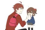  1boy 1girl aged_down ap_bar backpack bag blue_shirt brown_eyes brown_hair child commentary_request grey_shorts hair_bobbles hair_ornament hairclip holding holding_tissue idolmaster idolmaster_million_live! idolmaster_side-m kasuga_mirai looking_at_another one_side_up red_hair red_shirt shirt short_hair shorts simple_background tendo_teru tissue white_background 