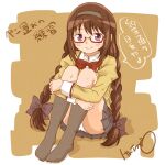  1girl akemi_homura barefoot black_bow black_hair blush bow bowtie braid commentary_request full_body glasses grey_skirt grey_socks hair_bow hairband highres hugging_own_legs kenjiru kneehighs knees_to_chest long_hair long_sleeves looking_at_viewer mahou_shoujo_madoka_magica mahou_shoujo_madoka_magica_(anime) mitakihara_school_uniform panties pantyshot pleated_skirt purple_eyes red_bow red_bowtie school_uniform shirt signature sitting skirt smile socks solo speech_bubble sweater twin_braids twintails underwear white_panties white_shirt yellow_background yellow_sweater 