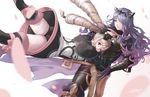  2girls armor artist_request ass black_armor blonde_hair breasts camilla_(fire_emblem_if) cleavage drill_hair elise_(fire_emblem_if) fire_emblem fire_emblem_if groin hair_over_one_eye hug lips long_hair multiple_girls panties purple_eyes purple_hair siblings sisters smile twin_drills twintails underwear very_long_hair wavy_hair 