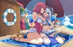  2girls absurdres beach bikini bikini_skirt black_hair black_sandals blue_bikini blue_eyes breasts brown_shoes chinese_commentary circled_9 cleavage closed_mouth cloud coconut_tree commentary covered_navel cup day drinking_glass drinking_straw green_eyes hand_on_another's_shoulder highres holding holding_cup holding_umbrella ice ice_cube konpaku_youmu konpaku_youmu_(ghost) large_breasts lifebuoy making-of_available medium_hair mo4ke multiple_girls navel one-piece_swimsuit open_mouth orange_shirt outdoors palm_tree pink_eyes pink_hair pink_one-piece_swimsuit saigyouji_yuyuko sandals shirt shoes short_hair single_thighhigh smile surfboard sweat swim_ring swimsuit thigh_strap thighhighs touhou tree umbrella white_hair white_thighhighs 