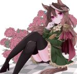  1girl aiguillette animal_ears ascot black_shoes black_thighhighs blush breasts brown_hair buttons cape commentary_request double-breasted epaulettes flower gloves green_jacket green_skirt hair_between_eyes highres horse_ears horse_girl horse_tail jacket jewelry long_hair long_sleeves looking_at_viewer medal medium_breasts multicolored_hair purple_eyes red_cape reya_p_d3 shoes side_cape single_epaulette sitting skirt solo streaked_hair symboli_rudolf_(emperor's_path)_(umamusume) symboli_rudolf_(umamusume) tail thighhighs thighs umamusume white_ascot white_gloves white_hair 