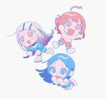  3girls :d @_@ ahoge arms_up asymmetrical_sidelocks blonde_hair blue_hair blue_jacket blue_shorts blue_socks blunt_bangs chibi chibi_only crying flipped_hair floating gakuen_idolmaster hair_bun hair_ornament hairclip hanami_ume hand_to_own_mouth hatsuboshi_gakuen_gym_uniform highres idolmaster jacket jersey kuramoto_china kutako_(kutako138) legs_apart long_hair long_sleeves looking_ahead multiple_girls open_mouth orange_eyes orange_hair parallel_hairclips parted_bangs puffy_sleeves raised_inner_eyebrows red_shorts red_socks shinosawa_hiro shirt shoes shorts sidelocks simple_background single_side_bun smile socks striped_clothes striped_shirt sweatdrop swept_bangs tears very_long_hair wavy_mouth white_background white_shirt white_shoes 