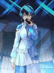  1girl 22/7 antenna_hair arm_at_side black_hair blue_dress blue_ribbon brown_eyes cowboy_shot dress glint highres holding holding_microphone long_sleeves microphone mirror muzui neck_ribbon reflection ribbon serious short_hair solo stage_lights standing straight-on takigawa_miu trefle_r 