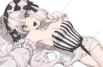  1girl absurdres alt_text black_bow blush bow braid breasts bright_pupils cleavage collar commentary detached_sleeves dress english_commentary fate/strange_fake fate_(series) francesca_prelati_(fate) frilled_collar frills grey_hair hair_bow highres long_hair looking_at_viewer lying medium_breasts multiple_hair_bows on_side open_mouth panties panty_pull ringed_eyes scarlet_(wv0102) single_braid solo striped_clothes striped_dress underwear vertical-striped_clothes vertical-striped_dress white_collar white_dress white_panties white_pupils 