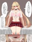  1girl absurdres amesuku_gyaru archetype_earth arcueid_brunestud blonde_hair blue_notuki blush bra breasts choker cleavage collared_shirt commentary_request fate/grand_order fate_(series) grin gyaru highres kogal large_breasts licking_lips long_hair looking_at_viewer miniskirt pink_bra red_eyes red_skirt shirt short_sleeves skirt smile speech_bubble thighs tied_shirt tongue tongue_out translation_request tsukihime tsukihime_(remake) underwear very_long_hair white_shirt 