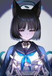  1boy 1girl absurdres animal_ear_fluff animal_ears black_eyes black_hair black_nails black_ribbon blue_archive blue_halo blue_haori blue_neckerchief blue_sailor_collar blue_string blush bright_pupils cat's_cradle cat_ears cat_girl cat_tail commentary doodle_sensei_(blue_archive) halo haori highres japanese_clothes kikyou_(blue_archive) looking_down multiple_tails neck_ribbon neckerchief parted_lips ribbon sailor_collar sailor_shirt sensei_(blue_archive) shirt short_hair simple_background tail two_tails upper_body white_pupils xiongji_z_z 