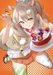  1girl absurdres animal_ears asymmetrical_legwear brown_capelet brown_hair cake capelet carrion1129 cho_kaguya-hime! closed_mouth commentary food green_thighhighs hamster_ears hamster_girl highres isayama_mami isayama_mami_(tsukuyomi) licking_lips long_hair mismatched_legwear nail_polish orange_background orange_nails ponytail solo thighhighs tongue tongue_out white_thighhighs 
