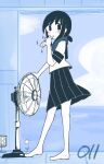  1girl barefoot blue_theme blush commentary_request electric_fan electrical_outlet fubuki_(kancolle) full_body hand_up holding kantai_collection looking_at_viewer ma_rukan pleated_skirt ponytail shirt short_hair short_ponytail short_sleeves skirt solo standing star_(symbol) 