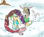  2017 angel_(mlp) clothing discord_(mlp) draconequus female fluttershy_(mlp) friendship_is_magic inuhoshi-to-darkpen lagomorph male mammal my_little_pony rabbit scarf snow snowing snowrabbit sweater wings 