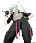  1girl black_gloves brown_eyes cargo_pants coat eyeshadow gloves green_hair makeup open_clothes open_coat original over_shoulder pants red_eyeshadow scythe smug weapon weapon_over_shoulder white_background yonq98 