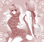 1boy 1girl 2323astronomy adjusting_clothes ahoge alternate_costume arcueid_brunestud ass backless_dress backless_outfit bare_shoulders blush breasts butt_crack chibi chibi_inset commentary_request contrapposto cowboy_shot dress flower from_behind glasses hair_between_eyes hand_on_own_head large_breasts looking_at_viewer monochrome ribbed_sweater short_hair sideboob sidelocks single_hair_intake sleeveless sleeveless_sweater standing sweater thighs tohno_shiki translation_request tsukihime turtleneck turtleneck_sweater virgin_killer_sweater watermark 