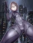  bodysuit breasts brown_hair building cameltoe city city_lights cityscape commentary_request covered_navel covered_nipples cowboy_shot gun handgun holding holding_gun holding_weapon original pistol shiny shiny_clothes short_hair silver_bell skin_tight skyscraper small_breasts solo weapon yellow_eyes 