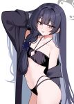  1girl absurdres bikini black_bikini black_robe blue_archive braid breasts butterfly_hair_ornament commentary_request grey_halo hair_ornament halo highres kisaki_(blue_archive) kisaki_(swimsuit)_(blue_archive) long_hair looking_at_viewer navel official_alternate_costume official_alternate_hairstyle robe short_hair side_braid simple_background small_breasts solo stomach swimsuit tangsuyook thighs very_long_hair white_background 