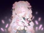  1girl black_shirt bow closed_eyes commentary cropped_vest detached_sleeves flower flower_on_chest four-finger_heart_hands gloves grey_hair hair_flower hair_ornament hair_over_one_eye heart heart_hands highres idol_clothes isekaijoucho jiuyi9109 kamitsubaki_studio light_blush light_smile long_hair mandarin_collar official_alternate_costume one_eye_covered pink_hair puffy_sleeves shirt side_part sidelocks sleeveless sleeveless_shirt two_side_up untranslatable_commentary vest wavy_hair white_bow white_gloves white_vest 