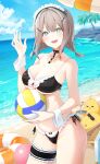  1girl absurdres aqua_eyes azur_lane ball bare_shoulders beach beachball bikini black_bikini black_choker braid breasts choker cleavage collarbone cowboy_shot day frilled_bikini frilled_thigh_strap frills front-tie_bikini_top front-tie_top grey_hair hand_up highres holding holding_ball innertube kyouya0514 large_breasts long_hair looking_at_viewer maid maid_bikini maid_headdress manchester_(a_moment_in_the_shade)_(azur_lane) manchester_(azur_lane) manjuu_(azur_lane) ocean official_alternate_costume outdoors short_twintails side-tie_bikini_bottom skindentation solo sparkling_eyes string_bikini swim_ring swimsuit thigh_strap thighs twintails unconventional_maid volleyball_(object) water wrist_cuffs 