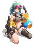  1girl aac_honey_badger absurdres aria_(jestami) armor ball beachball breastplate breasts brown_gloves commentary cropped_jacket detached_magazine_(weapon) english_commentary eyewear_on_head food food_in_mouth full_body gloves green_hair gun highres holding holding_gun holding_weapon jacket jestami looking_at_viewer melting_popsicle off_shoulder open_clothes open_jacket orange_eyes original ponytail popsicle popsicle_in_mouth purple-tinted_eyewear rifle sandals shoulder_tattoo simple_background solo sunglasses suppressor tattoo tinted_eyewear toes weapon white_background yellow_jacket 