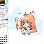  1girl ahoge animal_ears arknights art_program_in_frame brown_gloves cat_ears cat_girl cat_tail chibi chibi_only commentary_request crying crying_with_eyes_open dango_(da_yo05) dress earrings extra_ears gloves green_dress green_eyes holding holding_staff hood hood_up hooded_jacket jacket jewelry open_mouth papyrus_(arknights) single_earring single_glove solo staff tail tears white_jacket 