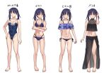  1girl absurdres bare_shoulders barefoot bikini black_bikini blue_bikini blue_hair blue_notuki blue_one-piece_swimsuit blush breasts cleavage commentary_request crossed_arms full_body grey_eyes highleg highleg_one-piece_swimsuit highres looking_at_viewer medium_breasts medium_hair navel one-piece_swimsuit saiki_mio sarong smile swimsuit translation_request tsukihime tsukihime_(remake) twintails 
