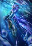  1girl air_bubble arm_guards black_nose blue_boots blue_gloves blue_shorts boots bubble chinese_knot closed_eyes dan_syron dragon_girl dragon_horns earphones eyelashes freedom_planet freedom_planet_2 furry furry_female gloves highres horns long_hair purple_hair sash_lilac shorts solo submerged underwater water water_dragon 