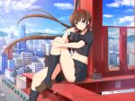  1girl ahoge black_necktie black_ribbon black_sailor_collar black_serafuku black_skirt black_socks blue_eyes blue_sky blush brown_hair brown_shoes building city cityscape contrail day flat_chest game_asset green_eyes gun hair_ribbon hairband hebijo_academy_school_uniform heterochromia holding holding_gun holding_weapon large_ribbon lens_flare loafers long_hair looking_at_viewer low_twintails miniskirt mountain navel necktie non-web_source official_art outdoors pleated_skirt red_hairband red_trim ribbon rifle road ryoubi_(senran_kagura) sailor_collar school_uniform senran_kagura senran_kagura_new_link senran_kagura_shinovi_versus serafuku shoes sitting skirt sky skyscraper smile socks solo sparkle steel_beam street tree twintails very_long_hair weapon window 