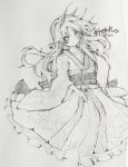  1girl absurdres alternate_hair_length_(longer) blush carbohydrate_(asta4282) character_name closed_mouth commentary_request frilled_kimono frills full_body greyscale highres japanese_clothes kimono long_hair long_sleeves looking_at_viewer missing_headwear monochrome obi sash smile solo sukuna_shinmyoumaru touhou traditional_media translation_request very_long_hair watermark wide_sleeves 