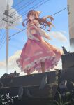  1girl absurdres artist_name ascot bird black_bird black_cat blue_sky boots bow brown_boots brown_hair c2215721819 cat chinese_commentary closed_mouth cloud commentary_request dated day detached_sleeves flower flower_request frilled_bow frilled_hair_tubes frilled_skirt frills frown hair_bow hair_tubes hakurei_reimu highres lace-up_boots long_hair midriff navel outdoors own_hands_together red_bow red_eyes red_skirt ribbon-trimmed_shirt ribbon-trimmed_sleeves ribbon_trim shirt skirt skirt_set sky solo touhou utility_pole yellow_ascot 