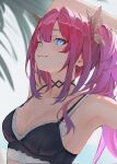  1girl armpits bare_shoulders black_bra black_choker black_ribbon blue_eyes blush bra breasts choker closed_mouth commentary eyelashes fang fang_out hair_intakes hair_ribbon highres hololive hololive_dev_is kikirara_vivi long_hair looking_at_viewer pink_hair purple_hair ribbon sharc smile solo sparkle_print twintails underwear virtual_youtuber 