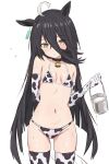  1girl absurdres ahoge animal_ears animal_print arm_behind_back bell bikini black_hair blush breasts bucket choker commentary cow_print cow_print_bikini cowbell elbow_gloves english_commentary feet_out_of_frame flygombal gloves hair_between_eyes highres holding holding_bucket horse_ears horse_girl horse_tail long_hair looking_at_viewer manhattan_cafe_(umamusume) milk navel neck_bell print_bikini simple_background small_breasts standing swimsuit tail thighhighs umamusume white_background yellow_eyes 