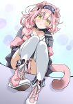  1girl animal_ears arknights black_hairband braid butayaro cat_ears cat_girl cat_tail coat floppy_ears goldenglow_(arknights) hairband highres jacket lightning_bolt_print looking_at_viewer panties pantyshot pink_coat pink_hair pink_jacket pink_panties pink_tail print_hairband side_braid sitting solo tail thighhighs underwear white_thighhighs 