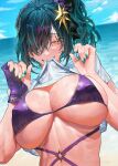  1girl absurdres beach blue_sky breasts commentary english_commentary green_hair green_nails hair_over_one_eye highres kitakoji_hisui nijisanji ocean orewajedman outdoors sharp_teeth sky solo teeth virtual_youtuber 