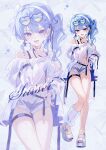  1girl :p absurdres alternate_costume arm_strap asymmetrical_hair aya02ka belt black_belt black_choker blue-tinted_eyewear blue_eyes blue_hair blue_nails blush bow bra_strap bracelet breasts character_name choker commentary cropped_shirt earrings eyewear_on_head full_body gradient-tinted_eyewear grey_shorts hair_bow hair_ornament hairband hairclip hand_on_own_chin hand_on_own_hip heart heart-shaped_eyewear highres hololive hoshimachi_suisei jacket jewelry looking_at_viewer medium_hair midriff multiple_bracelets nail_polish navel o-ring o-ring_belt off-shoulder_shirt off_shoulder one_side_up open_clothes open_jacket parted_lips platform_sandals sandals shirt shorts single_leg_warmer small_breasts smile solo standing star_(symbol) star_earrings star_in_eye sunglasses symbol_in_eye thigh_gap thigh_strap tinted_eyewear toenail_polish toenails tongue tongue_out two-sided_fabric two-sided_jacket virtual_youtuber white_bow white_hairband white_jacket white_sandals white_shirt x_hair_ornament yellow-tinted_eyewear zoom_layer 
