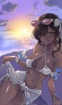  1girl bare_shoulders beach bikini blush breasts brown-tinted_eyewear brown_eyes brown_hair cleavage clothes_around_waist collarbone dark-skinned_female dark_skin eyepatch_bikini eyewear_on_head goddess_of_victory:_nikke hair_over_one_eye highres large_breasts long_hair looking_at_viewer naga_(nikke) naga_(ring_ensemble)_(nikke) navel o-ring o-ring_bikini ocean official_alternate_costume open_mouth outdoors po_poko sky smile solo sunglasses sunset swimsuit tinted_eyewear water wet white_bikini 