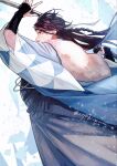  1boy asagi_tsuzumi black_hair blue_haori commentary fate/grand_order fate_(series) grey_eyes grey_hakama hakama haori highres holding holding_sword holding_weapon japanese_clothes katana kondou_isami_(fate) long_hair male_focus sword weapon 