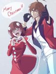  1boy 1girl 6+girls :d ;) ahoge amagase_touma amami_haruka black_gloves breasts brown_hair christmas commentary_request dress gloves heart heart_hands highres idolmaster idolmaster_(classic) idolmaster_side-m jacket large_breasts looking_at_viewer merry_christmas multiple_girls one_eye_closed open_mouth pants pinnmoku red_dress red_jacket santa_costume short_hair smile standing white_pants 