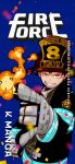  1boy \m/ black_background black_gloves black_hair blue_background commentary company_name confetti copyright_name en'en_no_shouboutai english_commentary english_text fireball firefighter firefighter_helmet firefighter_jacket gloves hat highres jacket kodansha male_focus neon_trim official_art official_wallpaper ohkubo_atsushi pointing pointing_at_viewer red_eyes second-party_source sharp_teeth shinra_kusakabe striped_background sweat sweatdrop teeth upper_body 