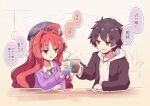 1boy 1girl ahoge beret black_hair black_hat black_necktie braid brown_eyes clenched_hand collared_shirt colored_speech_bubble commentary couple cup dracu-riot! flirting hair_intakes hakutocake hat hetero highres holding holding_cup hood hood_down hoodie long_hair long_sleeves looking_at_another mutsura_yuuto necktie plaid_hat purple_sweater red_hair shirt short_hair simple_background single_braid sound_effects speech_bubble spiked_hair star_(symbol) sweater toasting_(gesture) translated twitter_username two-tone_hoodie upper_body very_long_hair wavy_hair white_background white_hoodie white_shirt yarai_miu 