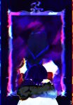  1boy 1girl absurdres black_background black_hair blue_hair blunt_ends braid ccandyless coat facing_another facing_away fatui_coat fur-trimmed_coat fur_trim genshin_impact glitch highres japanese_clothes kimono long_hair low-braided_long_hair low-tied_long_hair mitsudomoe_(shape) mother_and_child mother_and_son multicolored_hair obi parent_and_child portrait_(object) raiden_shogun red_sash sash scaramouche_(genshin_impact) single_sode streaked_hair tomoe_(symbol) twitter_username white_coat white_kimono 