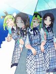  22/7 2girls :d ^_^ aqua_umbrella black_hair blue_dress blue_ribbon bow bow_hairband closed_eyes closed_mouth cloud collared_shirt cumulonimbus_cloud curtained_hair day dress feet_out_of_frame food green_eyes green_hair grey_eyes hair_bow hair_ornament hairband hairclip half_updo high_ponytail highres holding holding_food holding_ice_cream holding_own_skirt holding_popsicle holding_umbrella ice_cream kiryu_touko kumorizora_no_mukou_wa_hareteiru long_hair looking_at_another multicolored_hairband multiple_girls multiple_views neck_ribbon open_mouth orihara_sumika parted_bangs peanut_mouth pinafore_dress plaid_clothes plaid_dress ponytail popsicle rain ribbon shirt sleeveless sleeveless_dress sleeves_rolled_up smile standing sweat trefle_r two-tone_bow two-tone_hairband u_u umbrella walking wavy_hair white_shirt 