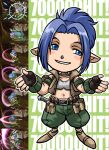 1girl adventurer_(ff11) bad_id belt belt_buckle belt_pouch black_belt black_gloves blue_eyes blue_hair buckle capri_pants choker collarbone commentary_request curtained_hair dated_commentary final_fantasy final_fantasy_xi fingerless_gloves flat_chest gloves green_pants leather leather_choker looking_to_the_side milestone_celebration navel open_clothes open_vest outline pants pointy_ears ponytail pouch short_hair smile tarutaru thief_(final_fantasy) tomotsuka_haruomi vest white_outline 