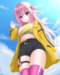  1girl backlighting belt black_belt black_shorts blue_sky blush breasts closed_mouth cloud commentary_request cowboy_shot crop_top day foreshortening from_below hair_between_eyes hair_bun hair_ornament hairclip harumi_ena highres jacket kumaron limelight_lemonade_jam long_hair long_sleeves looking_at_viewer looking_down medium_breasts midriff navel o-ring o-ring_thigh_strap one_side_up open_clothes open_jacket outdoors parallel_hairclips pink_hair pink_thighhighs red_eyes shirt short_shorts shorts single_side_bun sky smile solo sunlight thigh_gap thigh_strap thighhighs thighs very_long_hair white_shirt yellow_jacket zettai_ryouiki 