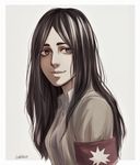  armband artist_name black_hair grey_background grey_eyes letterboxed light_smile lolakasa long_hair pieck shingeki_no_kyojin smile 