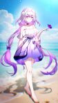  1girl absurdres barefoot beach breasts bug butterfly castorice_(honkai:_star_rail) closed_mouth dress feet gradient_hair highres honkai:_star_rail honkai_(series) liangji_uu long_hair multicolored_dress multicolored_hair ocean outdoors pink_hair pointy_ears purple_dress purple_hair smile solo toes white_dress white_hair 